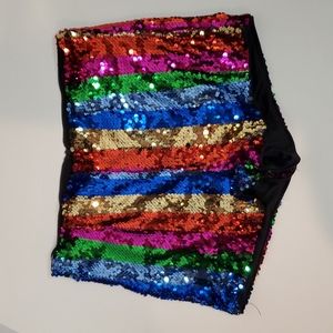 High waist rainbow sequin shorts